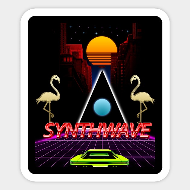 Synthwave Flamingo Vaporwave Outrun 80s City Goth Sticker by Atacama Design